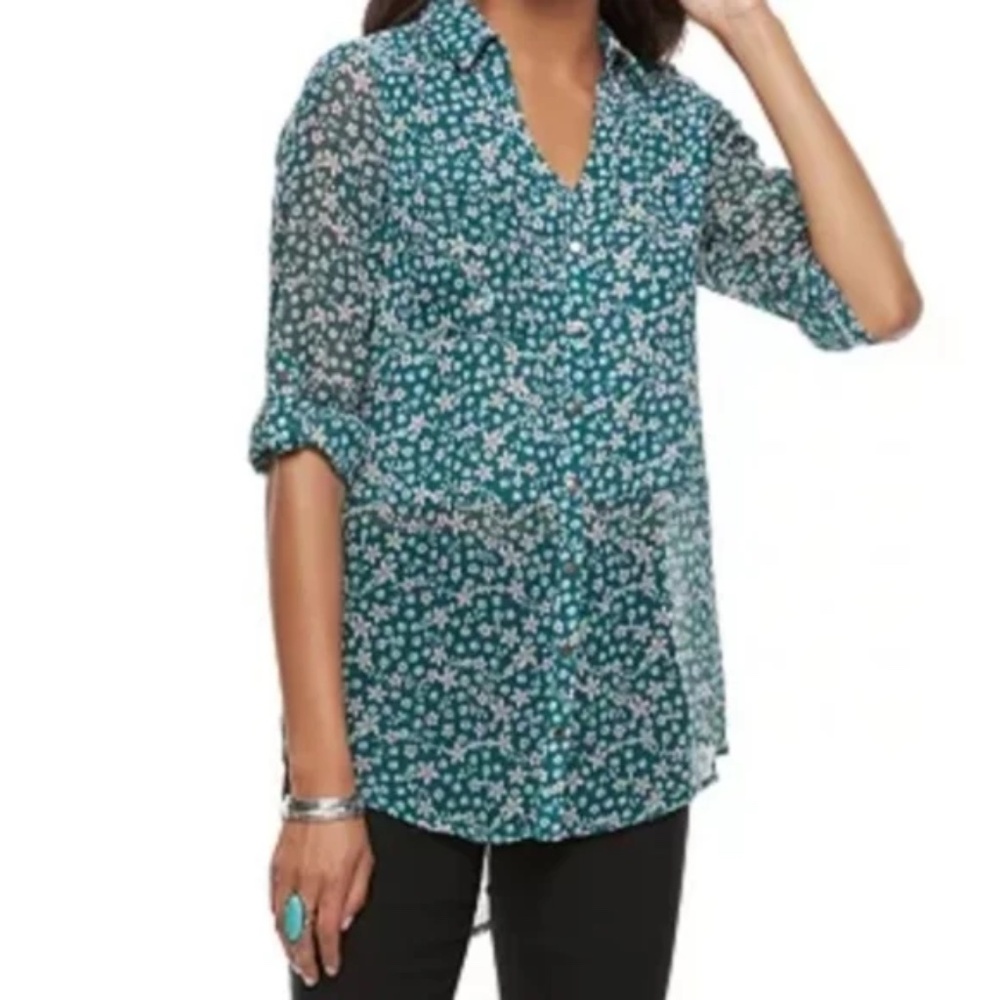 Candie's Parisian Ditsy Floral Adjustable Sleeves Button Up Split Hem Tunic XL